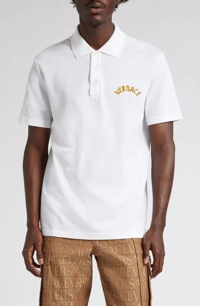 Versace Seashell Baroque-logo Polo Shirt In Optical White