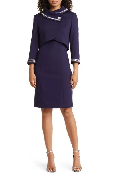 Tahari Asl Beaded Dress Suit In Midnight Navy