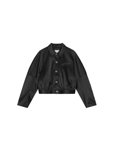 Ganni Long Sleeve Double Satin Short Jacket In Black