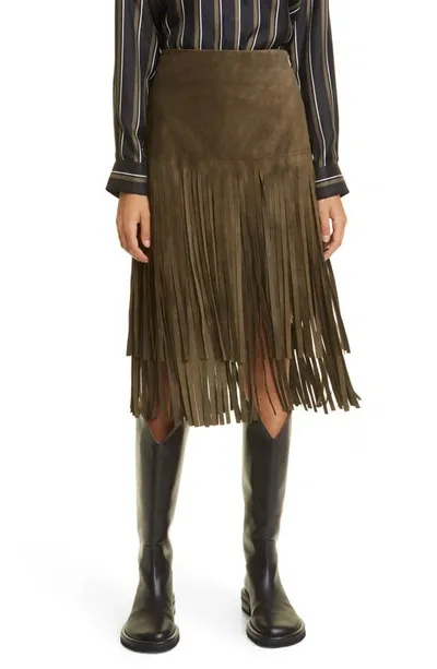 Max Mara Battage Fringe-trimmed Suede Midi Skirt In Olive Green