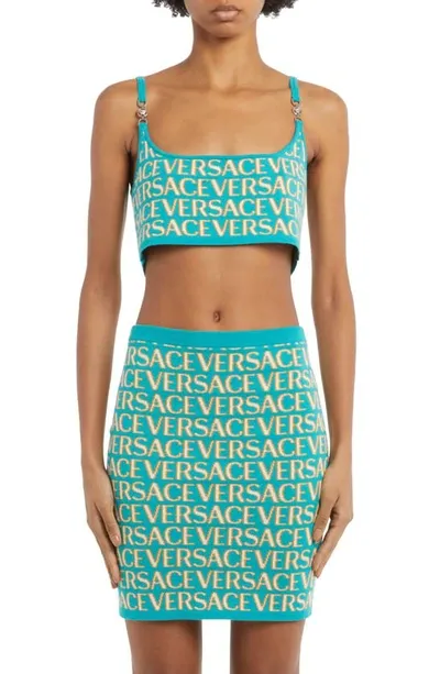 Versace Logo-print Cropped Cardigan In Blue