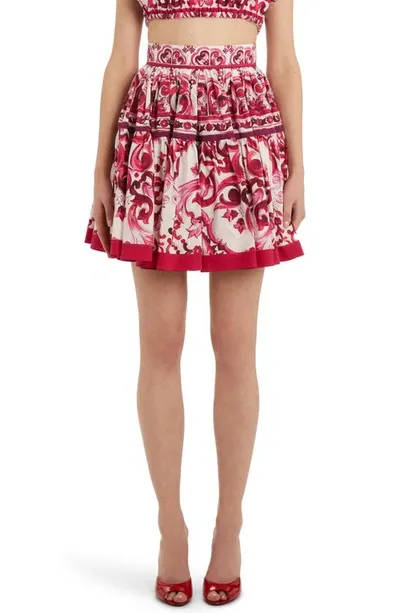 Dolce & Gabbana Short Maiolica Printed Popeline Skirt In Tris Maioliche Fuxia