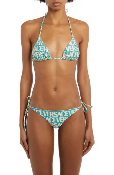 Versace Logo-print Bikini Bottoms In Turquoise,white