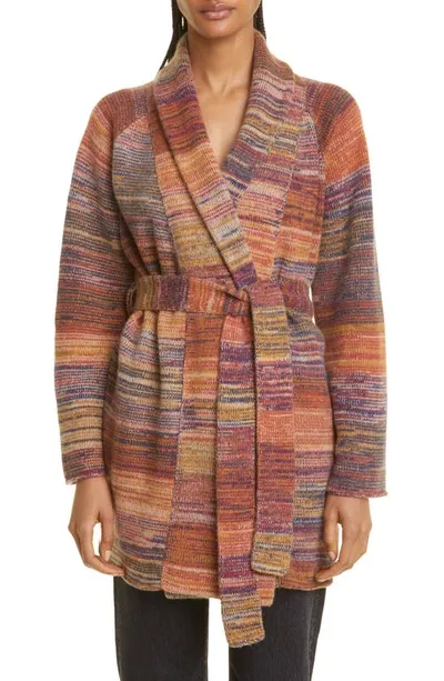 The Elder Statesman Cosmic Stripe Belted Cashmere Cardigan In Multicolor