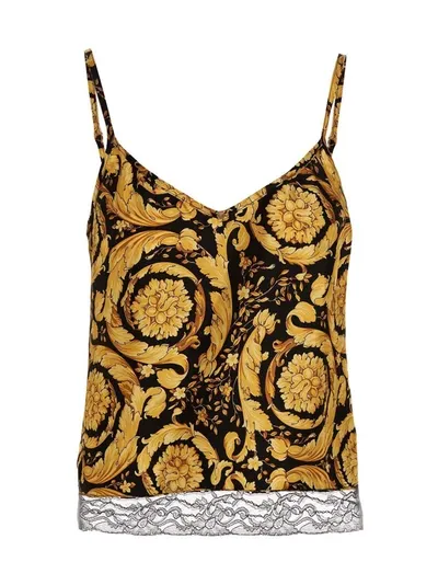 Versace Barocco-print Silk Pajama Tank Top In Black