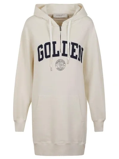 Golden Goose Varsity Logo Long Sleeve Hooded Sweatshirt Dress In Heritage White Blue