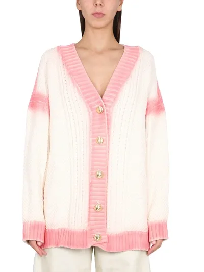 Palm Angels Two-tone Knitted Cardigan In 0330 Off White