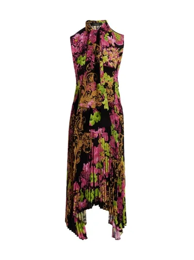 Versace Pleated Floral Print Sleeveless Dress In Multicolor