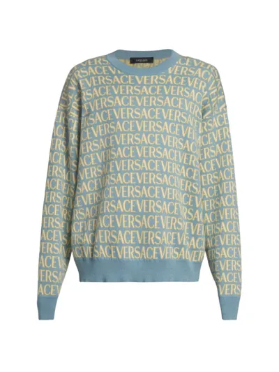 Versace Allover-jacquard Cotton Jumper In Light Blue Ivory