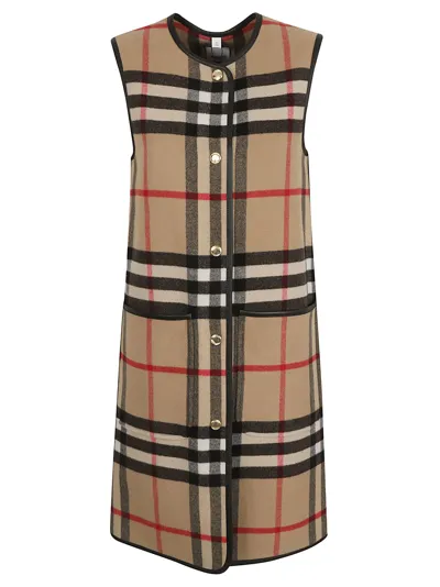 Burberry Checked Long Vest In Beige