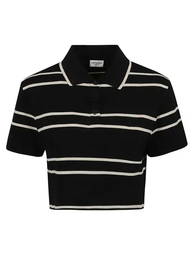 Saint Laurent Stripe Cropped Knit Polo Shirt In Noir Craie