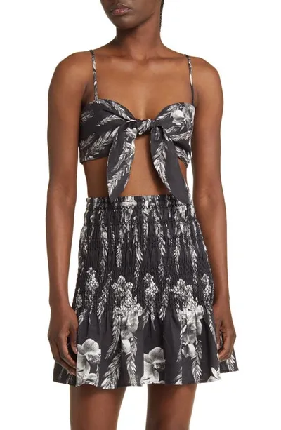 Allsaints Womens Black Riah Floral-print Linen Bandeau Top