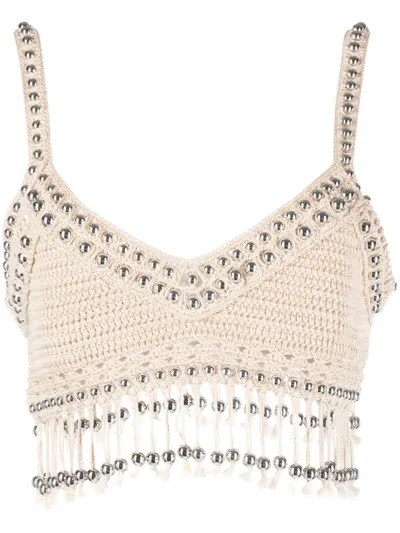 Rabanne Paco  Beaded Crop Top In Shiny Beige