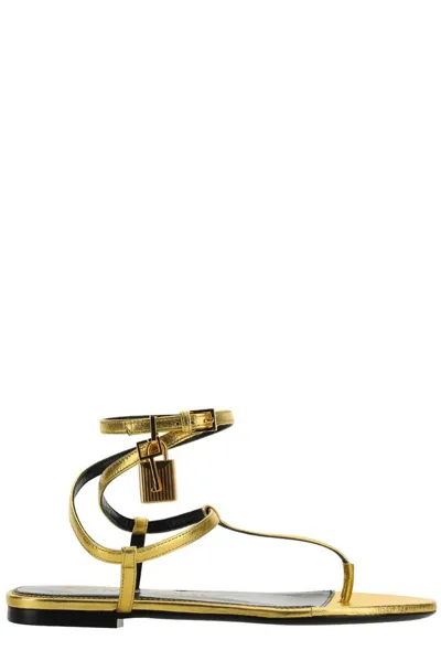 Tom Ford 10mm Laminated Leather Thong Sandals In Gold