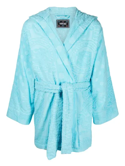 Versace Barocco-print Terry-cloth Robe In Blue