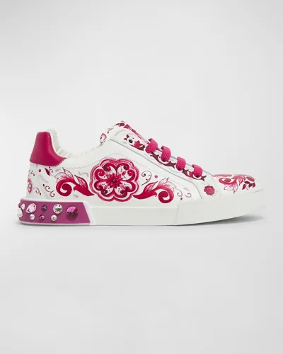 Dolce & Gabbana Kids' Portofino Majolica-print Leather Sneakers In Multicolor