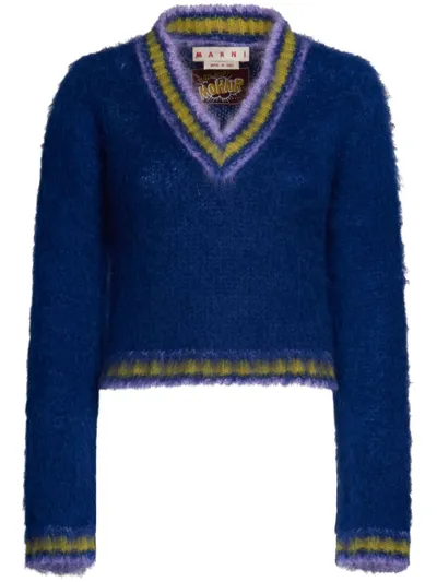 Marni Striped-trim Mohair-blend Jumper In Blue