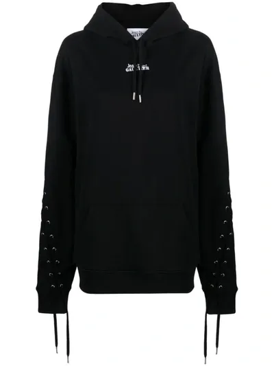 Jean Paul Gaultier Logo-print Lace-up Cotton Hoodie In Black