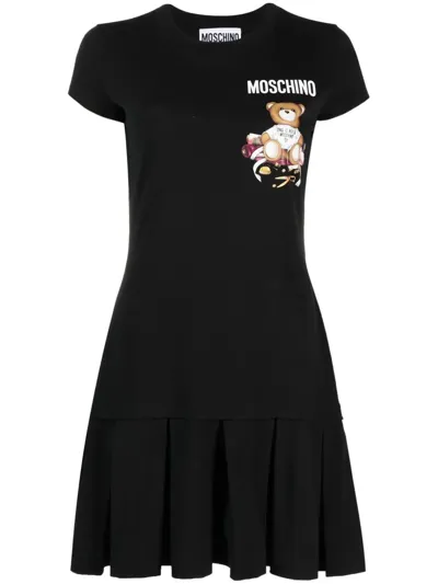 Moschino Logo-print Pleated Short Dress In Black