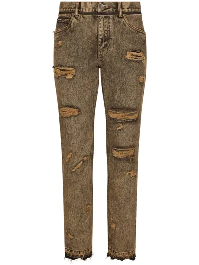 Dolce & Gabbana Ripped-detail Acid-wash Jeans In Brown