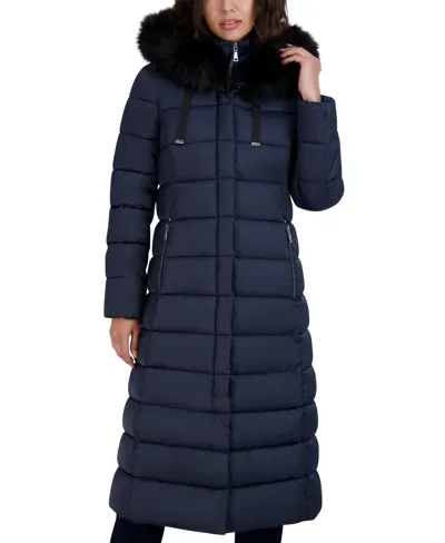 Tahari Women's Faux-fur-trim Hooded Maxi Puffer Coat In Black