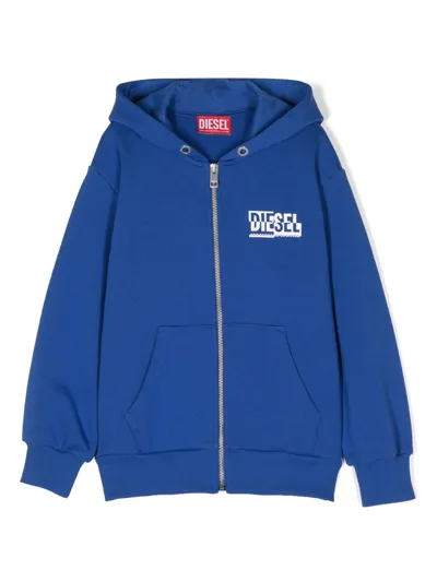 Diesel Kids' Logo-print Zipped Cotton Hoodie In Blue