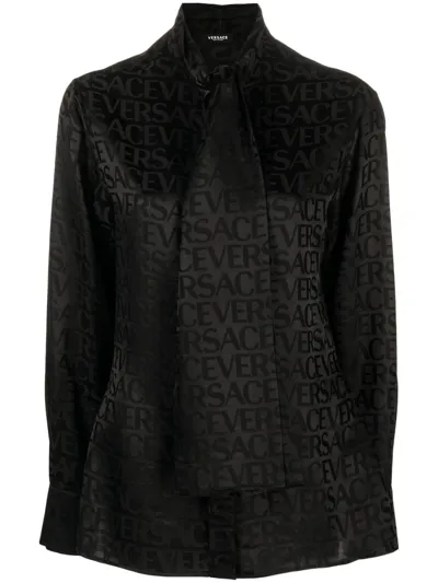 Versace Allover Logo Patterned Satin Shirt In Black