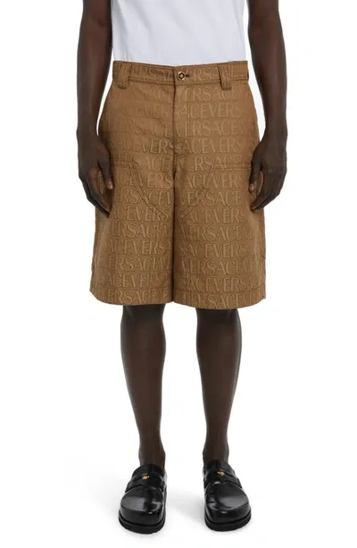 Versace Allover-jacquard Bermuda Shorts In Brown