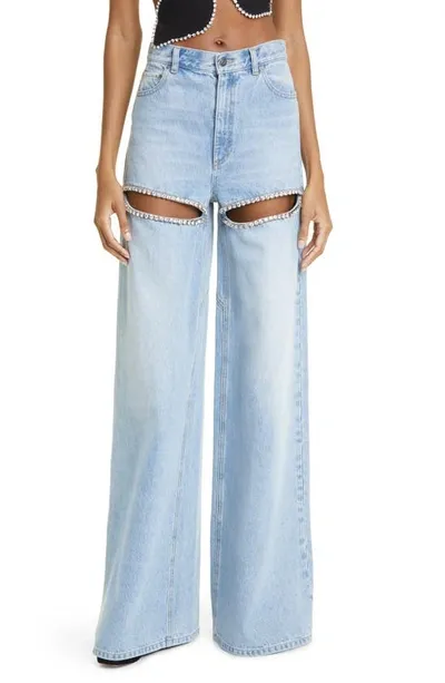 Area Crystal-embellished Cutout High-rise Wide-leg Jeans In Light Blue