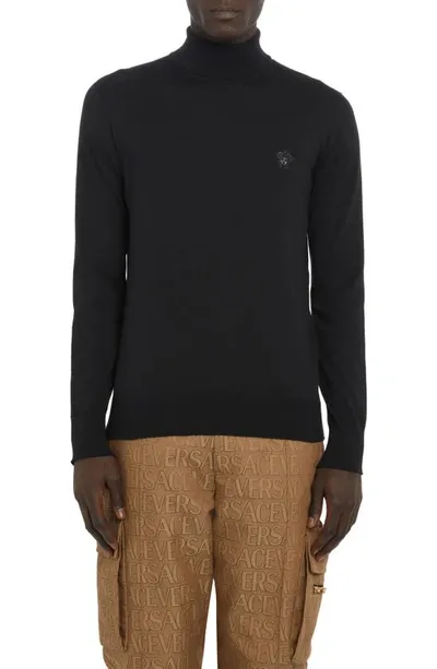 Versace Logo Wool Blend Knit Turtleneck Sweater In Black