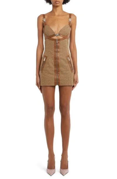 Versace Embellished Leather-trimmed Cutout Canvas-jacquard Mini Dress In Cream