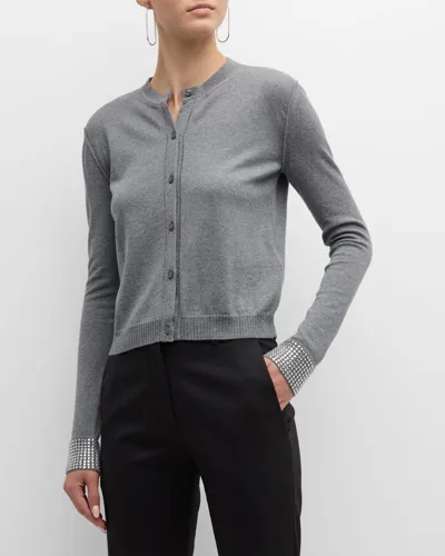 Valentino Strass Embellished Wool Crewneck Cardigan In Grey