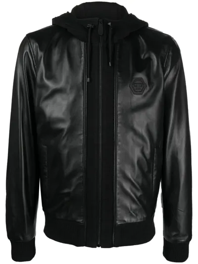 Philipp Plein Leather Hooded Jacket In Schwarz