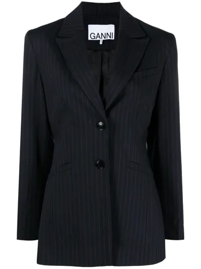 Ganni Pinstripe Single-breasted Blazer In Black