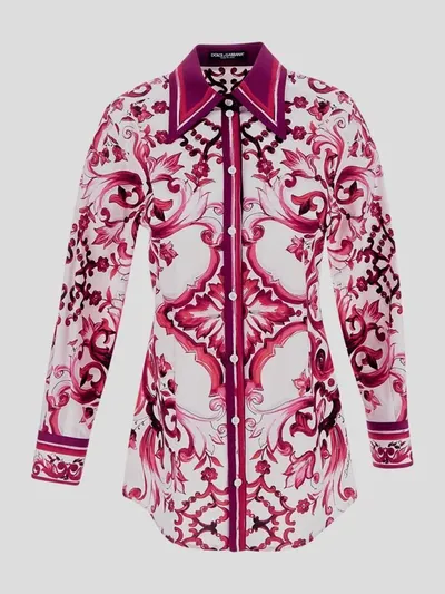 Dolce & Gabbana Majolica-print Cotton Shirt In White,fuchsia