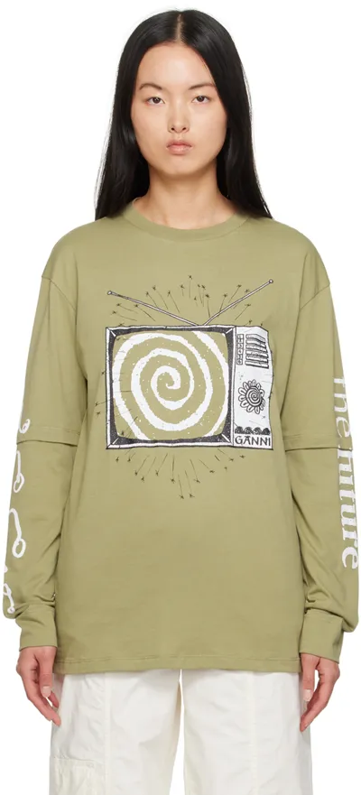 Ganni Khaki Graphic Long Sleeve T-shirt In 808 Aloe