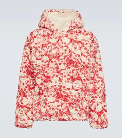 Erl Printed Fleece Hoodie In Red,ivory