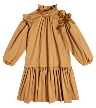 Paade Mode Kids' Floral Cotton-blend Pleated Dress In Brown