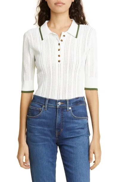 Veronica Beard Soza Knit Contrast Polo Top In Off White