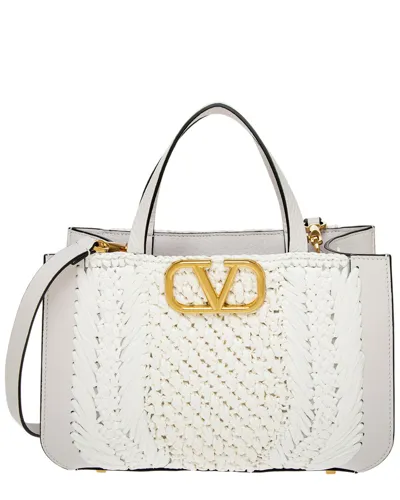 Valentino Garavani Vlogo Signature Crochet Raffia Tote Bag In Optic White