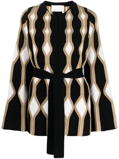 Chloé Renaissance Intarsia Cardigan With Self-tie Belt In Black,beige,white