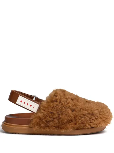 Marni Logo-patch Shearling Sandals In Multicolor