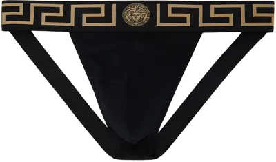 Versace Stretch Cotton Jock Strap With Medusa Greca Logo In Black Gold