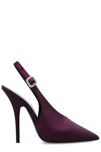 Saint Laurent Yasmeen Crystal-embellished Satin Slingback Pumps In Prune