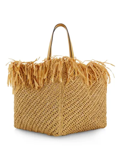 Oscar De La Renta Medium Fringe Crochet Raffia Tote Bag In Natural