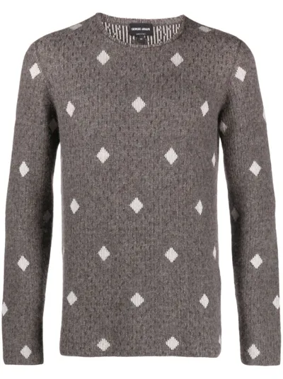 Giorgio Armani Diamond-jacquard Crew-neck Jumper In Braun