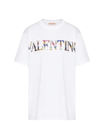 Valentino Embroidered Logo Cotton T-shirt In White Multicolor