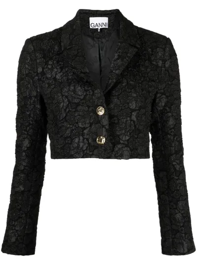 Ganni Long Sleeve Stretch Jacquard Cropped Blazer In Black