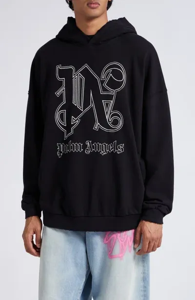 Palm Angels Logo Embroidered Hoodie In Black Off White