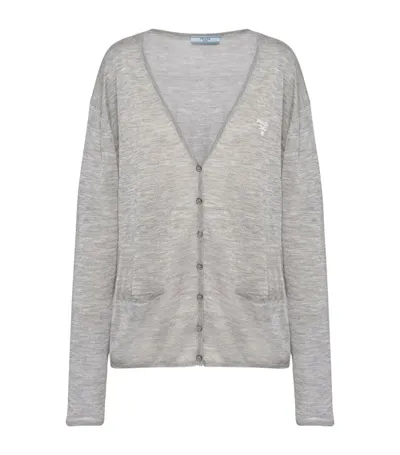 Prada Embroidered-logo Cardigan In Grey